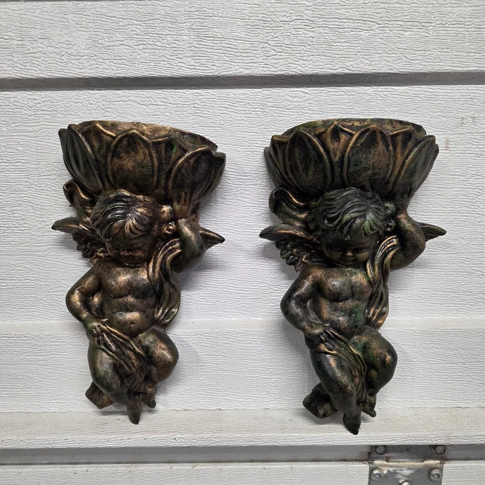 Vtg Inarco Cherub Wall Pocket Set Gold Winged Angel Planter light weight patina